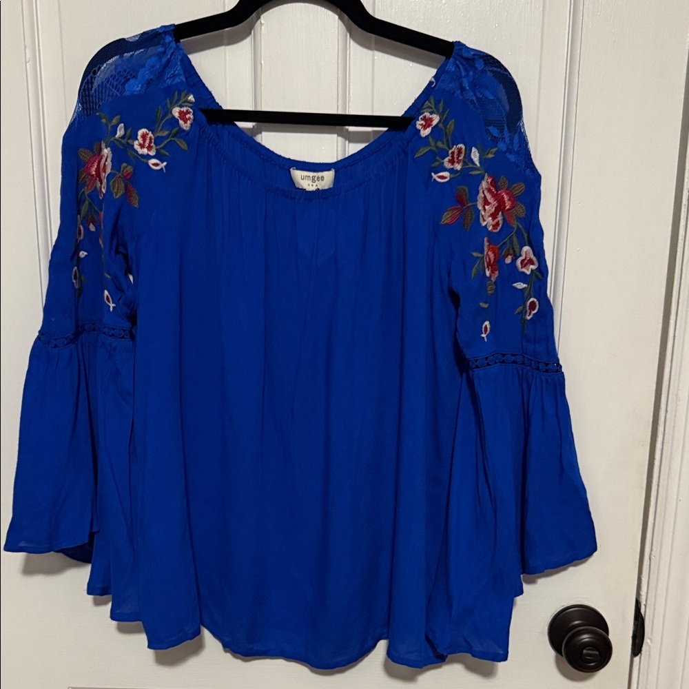 Umgee Royal Blue Blouse with Floral Embroidery